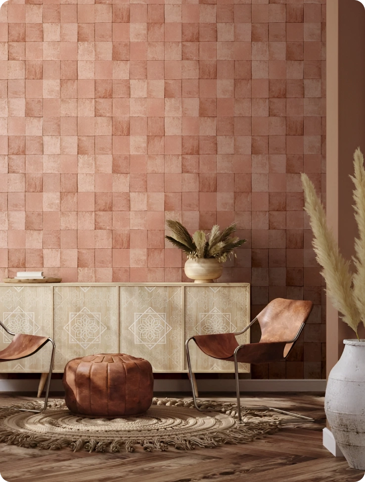 Living room look stunning with pink square pattern wallpaper